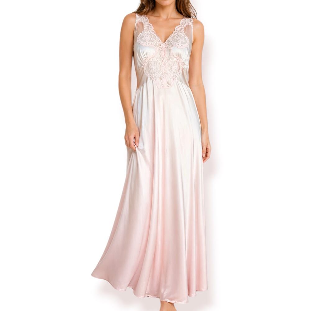 Vintage Sears Pink Satin Lace Nightgown Slip Dress Maxi Romantic Boudoir Bridal